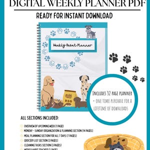 Peut inclure: Un planificateur hebdomadaire numérique PDF sur le thème des chiens, avec une couverture à spirales illustrée de diverses races de chiens, d'empreintes de pattes et du texte Weekly Reset Planner. Le document liste des sections comme les repas et listes.