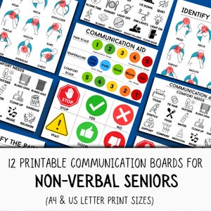 May include: A collection of twelve printable communication boards for non-verbal seniors, featuring black and white icons for pain identification, comfort needs, and basic responses, alongside a color-coded communication aid scale for pain and temperature.