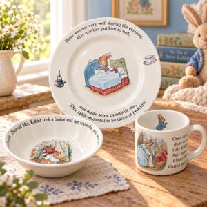 Peut inclure: Un ensemble de vaisselle en céramique blanche orné d'illustrations de Pierre Lapin et de texte. L'assiette montre un lapin au lit avec le texte 'Peter was not very well during the evening. His mother put him to bed, and made some camomile tea'. Le bol et la tasse présentent des scènes assorties.