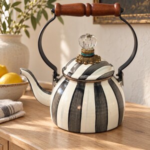 Luna Vintage Enamel Tea Kettle, Black and White Stripes, Wood Handle, Glass Knob