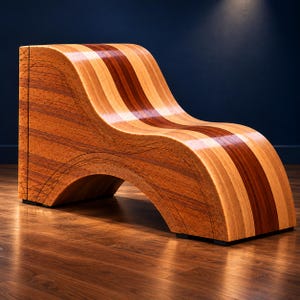 May include: A curved lounge chair constructed from laminated wood strips in alternating light and dark brown tones. The chair features a continuous, wave-like silhouette with visible wood grain patterns and thin, dark etched lines along the sides.