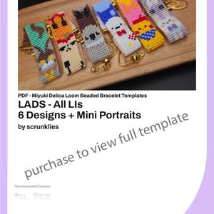 May include: Six beaded bracelets featuring colorful pixelated character designs, each with a gold-toned adjustable sliding clasp. The text on the image reads: PDF - Miyuki Delica Loom Beaded Bracelet Templates, LADS - All LIs, 6 Designs + Mini Portraits, by scrunklies, purchase to view full template.