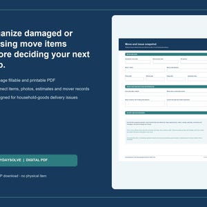 Może przedstawiać: 10-stronicowy, wypełnialny i gotowy do druku cyfrowy dokument PDF zatytułowany Move and issue snapshot. Formularz zawiera sekcje dotyczące dokumentacji przeprowadzkowej, odniesień do problemów i instrukcji oraz notatek o uszkodzonych przedmiotach.