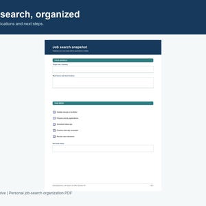 May include: A white job search organizer document with dark blue headers and teal accents. The text reads Job search, organized, Job search snapshot, Your search, Target role, Industry, Milestones, This week, and See next action with checkboxes.