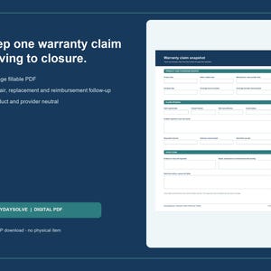 Puede incluir: Un formulario de reclamación de garantía en PDF rellenable de 8 páginas sobre un fondo azul oscuro. El documento incluye secciones para la fuente de cobertura, detalles de la reclamación y elementos pendientes. Texto: Keep one warranty claim.