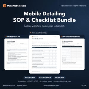 May include: A digital bundle featuring a Mobile Detailing SOP & Checklist with three document previews titled Exterior Detail SOP, Final Quality Control, and Van / Equipment Inventory. The set includes printable PDF, editable DOCX, and fillable PDF files.