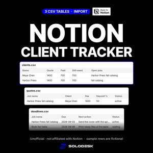 Freelance Client Tracker for Notion (Unofficial) | CRM CSV Import: Clients, Quotes & Deadlines | Digital Download