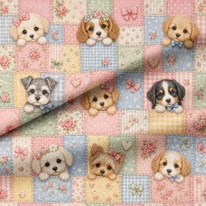 May include: A fabric print featuring a patchwork pattern of pastel squares in pink, blue, yellow, and green. The design includes various puppy breeds peeking out from the squares, accented with small floral motifs, hearts, and bows throughout.