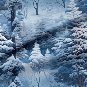 Può includere: Un motivo in tessuto che raffigura un denso paesaggio boschivo invernale coperto di neve profonda. La scena mostra vari alberi sempreverdi e rami spogli resi in tonalità di blu freddo, bianco e grigio, creando un motivo boschivo innevato.