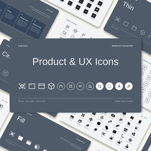 May include: A digital collection of Product & UX Icons featuring various sets of line and fill symbols on dark gray and white backgrounds. The central panel displays the text Product & UX Icons with a row of eleven white line-art icons below.