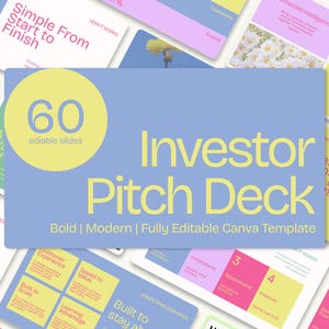 May include: A digital investor pitch deck template featuring 60 editable slides with a pastel color palette of blue, yellow, pink, and green. The central slide displays the text 60 editable slides, Investor Pitch Deck, and Bold Modern Fully Editable Canva Template.