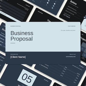 Könnte beinhalten: Eine Geschäftsvorlage mit einem hellblauen Kopfbereich mit dem Text Business Proposal und Your Company sowie einem dunkelblauen Fußbereich mit dem Text Prepared for [Client Name] und [Month Year] mit einem Platzhalter.