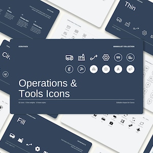 May include: A digital icon pack titled Operations & Tools Icons, featuring a collection of white line-art symbols on dark blue backgrounds, including lorries, factories, gears, hammers, and safety helmets for design projects.