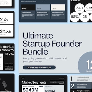 May include: A digital presentation bundle titled Ultimate Startup Founder Bundle featuring 12 templates. The layout includes dark and light slides with text, charts, and data points such as 340, 2.5x, 118%, 28, 60, $240M, and $150M. The design uses a professional aesthetic.