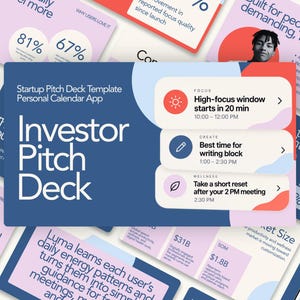 May include: A digital presentation slide titled Startup Pitch Deck Template Personal Calendar App Investor Pitch Deck. It features a dark blue background with three white rounded rectangular cards displaying task notifications with icons.