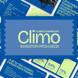 Op de afbeelding: Een digitale presentatie getiteld Climo Climate Change App Investor Pitch Deck met een blauw en lichtgroen kleurenschema. De dia's tonen tekst, gegevenspercentages en afbeeldingen met betrekking tot reizen, klimaat en doelgroepen.