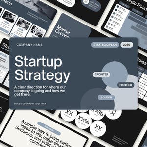 May include: A dark blue presentation slide titled Startup Strategy with the text Company Name, Strategic Plan 2030, and Build Tomorrow Together. The slide features three overlapping circles labeled Brighter, Further, and Bolder in white text.
