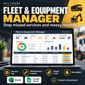 Może przedstawiać: Ekran laptopa wyświetlający pulpit nawigacyjny Wiltmere Fleet & Equipment Manager z tabelami danych, wykresem kołowym i słupkowym. Interfejs śledzi zasoby, koszty serwisowania oraz harmonogramy konserwacji pojazdów i ciężkiego sprzętu.