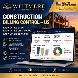 May include: A laptop displaying the Wiltmere Construction Billing Control dashboard, featuring financial data, project status charts, and billing metrics. The screen shows contract values, payments, and retainage figures against a construction site background.