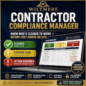 Peut inclure: Un tableau de bord numérique pour le gestionnaire de conformité des entrepreneurs Wiltmere affiché sur un écran d'ordinateur portable. L'interface présente des catégories de statut pour les entrepreneurs, avec des icônes et du texte.