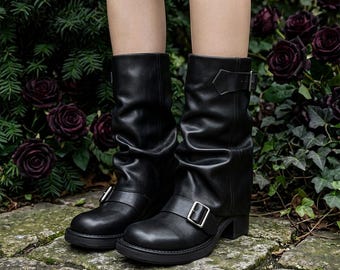 Gothic Slouch Boots, Black Buckle, Chunky Lug Sole, Mid-Calf Alternative Fashion