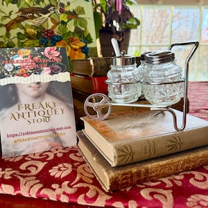 May include: A vintage glass salt and pepper shaker set with a metal handle and wheels, resting on antique books. The set includes two glass shakers with metal lids and a small sugar bowl with a spoon. A business card for Freaky Antique Store is also visible.