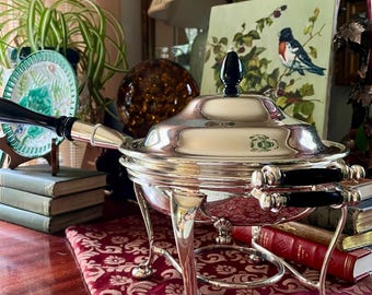 Antique English Silver EPNS Chafing Dish, 4 Piece Buffet Server on Stand