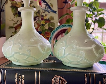 Vintage Green Frosted Glass Perfume Bottle Pair: Embossed Scroll Vanity Decor