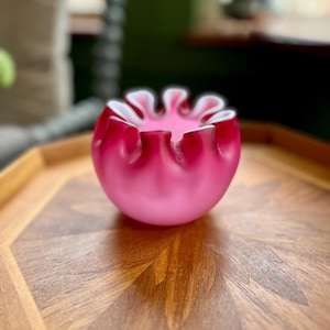 Antique Cased Art Glass Vase: Raspberry Ruffled Edge, Mount Washington Style