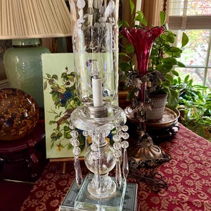 Antique Prism Table Lamp with Etched Glass Hurricane Shade and Crystal Pendants