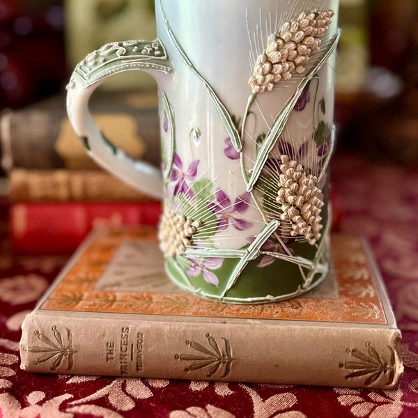 Antique Nippon Moriage Mug: Hand-Painted Violets & Wheat, Art Nouveau