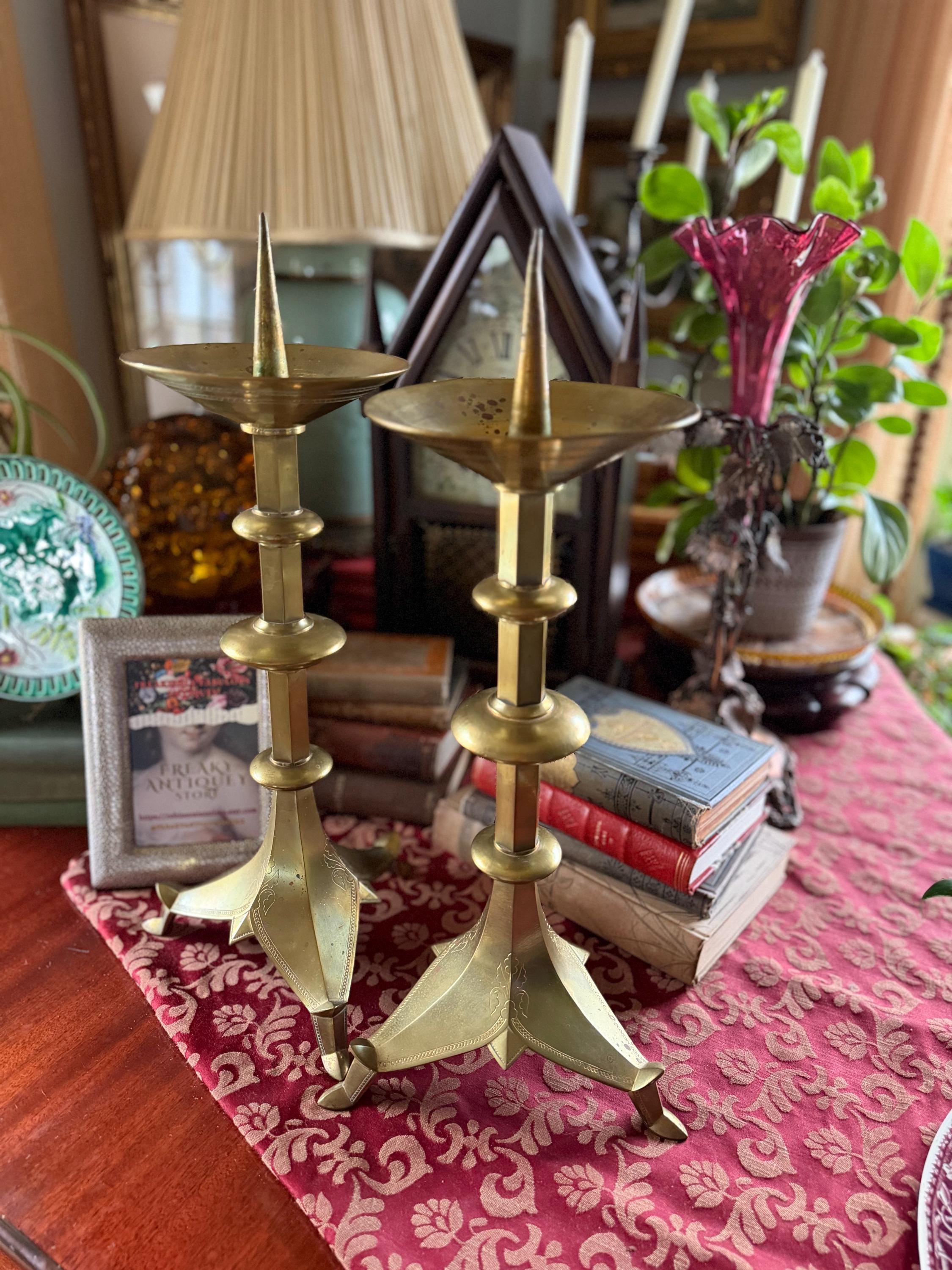Large Antique French Candlestick Prickets, Bronze Alloy Church