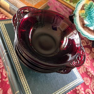 Vintage Cranberry Glass Berry Bowls with Handles: Anchor Hocking Coronation, Set of 6 in Burgundy