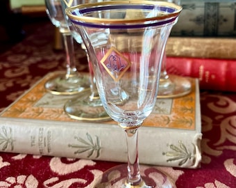Antique Art Deco Crystal Liqueur Glasses: Gold Cobalt Medallion Stemware, Set of 4 Cordials