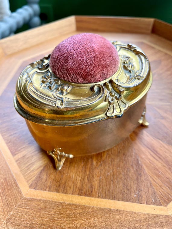 Antique Gold Sewing Box: Pink Velvet Pin Cushion Lid, Floral 