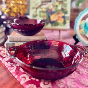 Vintage Anchor Hocking Cranberry Glass Bowls: Royal Ruby Coronation Lace Handles