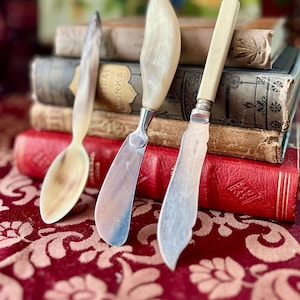 May include: Three antique serving utensils: a spoon and two knives. The spoon and one knife have light-colored handles, while the other knife has a silver handle. They rest on a stack of old books with red and tan covers, on a red patterned surface.