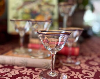 Antique Crystal Cocktail Glasses: Gold & Cobalt Rims, Art Deco Stemware (Set of 6)