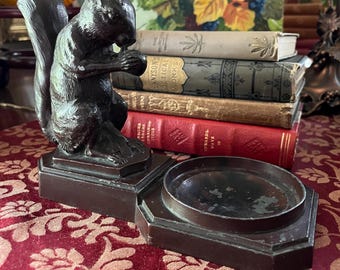 Antique Metal Squirrel Nut Dish Holder Tray, Vintage Sculpture, Rustic Decor, Funky Decor