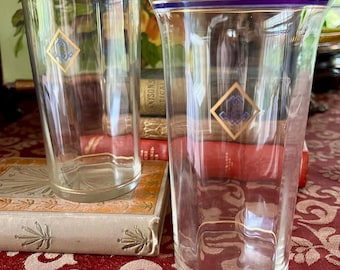 Antique Crystal Iced Tea Glasses: Art Deco Gold Cobalt Medallion, Set of 2 Tumblers