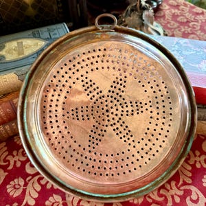 Antique Copper Colander Strainer with Flower Shaped Perforations