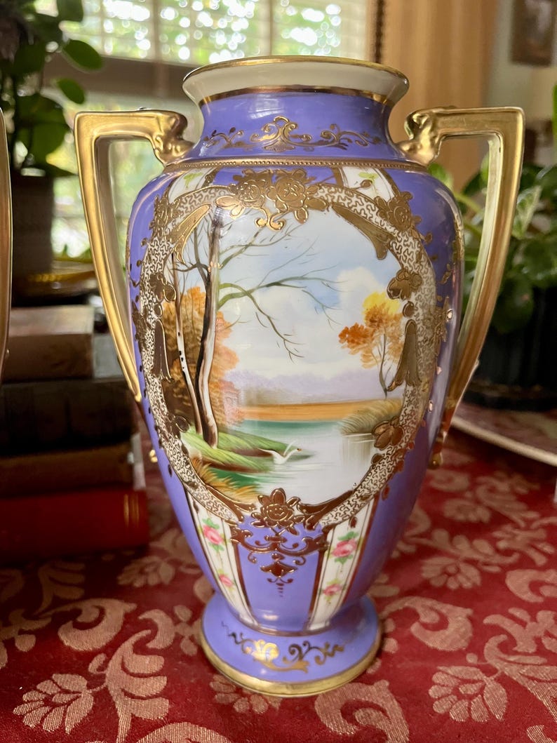 Antique Pair of Purple Noritake Vases with Victorian Handpainted ...