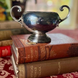 May include: A small, silver-colored bowl with two curved handles, resting on a pedestal base. The bowl sits atop two antique books with worn, reddish-brown covers. The books are stacked on a patterned red surface.