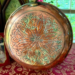Antique Large Copper Colander Strainer with Flower Shaped Perforations