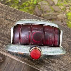 Antique Car Taillight Bezel: Chrome & Red Glass Lens - 1940s Plymouth