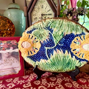 Antique French Majolica Bread Platter, Exotic Victorian Pottery