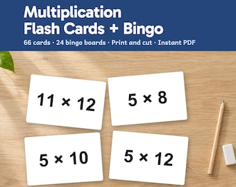 May include: Four white rectangular multiplication flash cards with black text displaying 11 x 12, 5 x 8, 5 x 10, and 5 x 12. The top blue banner reads Worked Out Press, Printable, Multiplication Flash Cards + Bingo, 66 cards, 24 bingo boards.