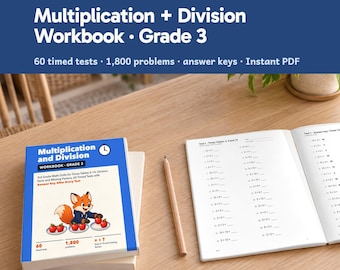 May include: A Grade 3 multiplication and division workbook featuring a blue cover with a cartoon fox illustration, three plates of red apples, and the text Multiplication and Division Workbook Grade 3. An open workbook shows math problems.