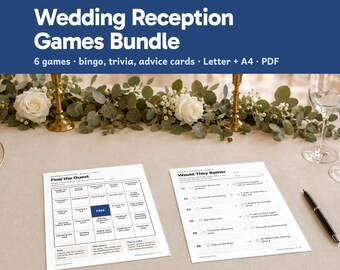 Wedding Reception Games Bundle Printable, 6 Modern Black White Table Games