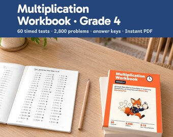 May include: A multiplication workbook for grade 4 featuring 60 timed tests and 2,800 problems. The cover is orange with a cartoon fox holding a stopwatch. An open workbook page shows an answer key for times tables 0-12 with a wooden pencil nearby.